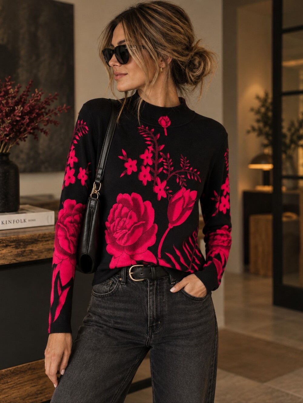 Jennifer & Grace (89$) | Black Fuchsia Floral Mock Neck Sweater, Size S
